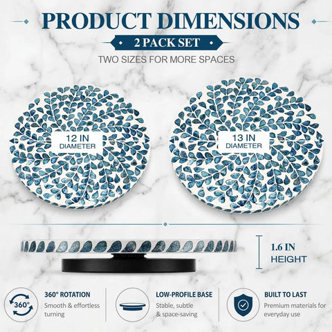 Two Pack Mother Of Pearl Lazy Susan Turntable Set With Blue Wicker 12 And 13 Inch Rotating Trays dimensions on marble background.