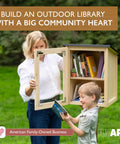 Child and adult with Outdoor Library Box For Book Exchange Rustic Wood Cabinet Sized 16x14x22 Inches Perfect For Front Yard Park Or School Shared Reading Easy Post Mount Weather Resistant Community Reading Kit To Share Books And Arts open display in a green park setting.