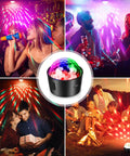 Mini Disco Ball Light Rechargeable Party LED Lamp With Sound Activated Strobe DJ Mode Portable Battery Operated Night Projector lighting up various party scenes.