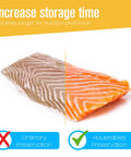 Two Pack Commercial Grade Vacuum Seal Bags And Rolls For Food Storage, showing improved preservation with vibrant salmon fillet