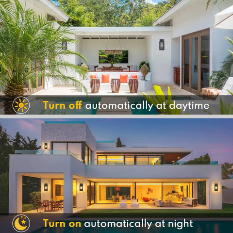 Day and night comparison of house with 2 Pack Dusk To Dawn Outdoor Wall Lights Matte Black Waterproof Exterior Sconces with clear glass.