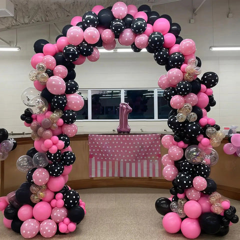 12 Inch Hot Pink And Black Balloons Party Kit With Confetti Dots For Girls Birthday Baby Shower Women Bridal Wedding Decor Includes Printed White Dots Macaron Pink Pearl Pink Black Balloons And Silver Ribbon
