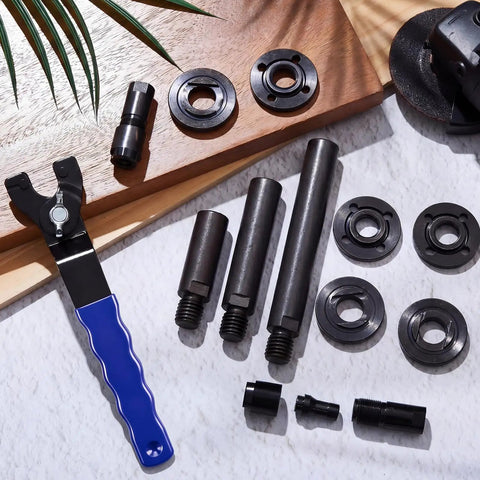 All-in-One Angle Grinder Extension Kit With Shafts And Adapters, 3mm And 6mm Collets, Five Eighths Inch Thread 11 TPI, Heavy-Duty Rods, Blue Spanner Wrench on table
