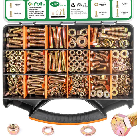 Beefy 702-Piece Grade 8 Nuts And Bolts Set With Hex Head Cap Bolts, Flat And Lock Washers, SAE Threads, Yellow Zinc Plated