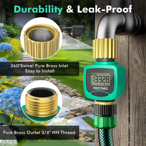 Heavy Duty Brass Inlet And Outlet Water Flow Meter With LCD Readout for garden hose installation showing brass fittings and LCD display