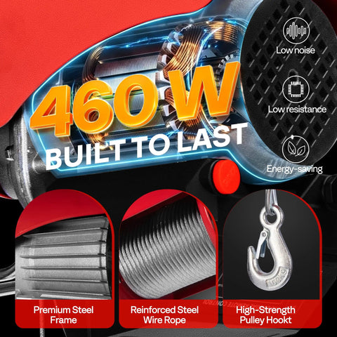 Electric Hoist Winch 110V 440 Lb Capacity With Wireless Remote Control Up To 98 Ft Emergency Stop Button Safe Lifting Easy Install Beefy Heavy Duty Garage Workshop Lifter For Heavy Equipment, 460W motor, steel frame