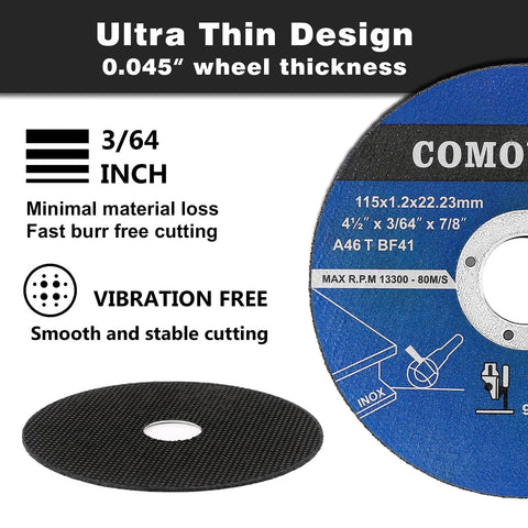 Ultra Thin 4.5 Inch Cut Off Wheel Set 50 Plus 2 Pack For Metal And Stainless Steel Cutting On Angle Grinders, Seven Eighths Inch Arbor