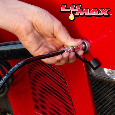 Heavy Duty Lever Grease Gun With 18 Inch Flex Hose And Coupler 7000 PSI High Pressure Deluxe Go-To Workhorse For Pros Built For Day In Day Out Service And Tough Industrial Use in use on red machinery
