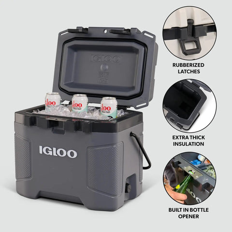 Top Shelf 25 Quart Insulated Cooler With Thick Foam Walls And Cool Riser Tech with drinks on ice and rubber latches open.