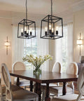 Black Farmhouse Four Light Chandelier Pendant For Dining Room And Kitchen Island Adjustable Height Industrial Lantern Fixture