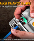 Quick release feature of Tough As Nails Corded Jigsaw Saw with blue blade shown in user hands for easy swaps.
