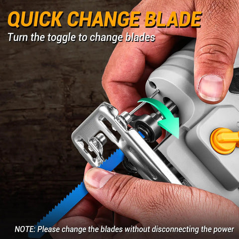 Quick release feature of Tough As Nails Corded Jigsaw Saw with blue blade shown in user hands for easy swaps.