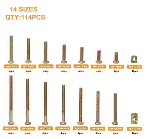 Crib And Baby Bed Hardware Replacement Kit With 114 Pieces Of M6 Hex Drive Socket Cap Bolts And Barrel Nuts Covering 14 Sizes