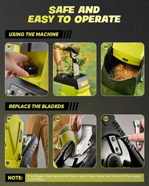 Instructions for safe operation of Corded Electric Wood Chipper Shredder With 15 Amp Motor and 1.75 Inch Cutting Capacity
