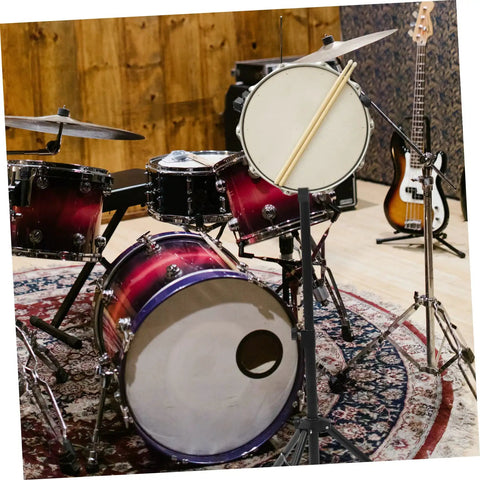 Heavy Duty Black Adjustable Drum Rack Integrated With Portable Practice Pad Station Featuring Sturdy Alloy Build Designed For Weekend Drummers And Touring Pros Wanting A Killer Stage Setup with practice pad and drums.