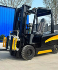 Beefy 3 Ton Rough Terrain Electric Forklift With Pneumatic Tires For Construction Sites And Outdoor Cargo Transport Heavy Duty Material Handling Gear Built For Tough Jobs And All Weather Worksites. side view with mast and forks