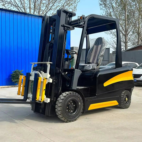 Beefy 3 Ton Rough Terrain Electric Forklift With Pneumatic Tires For Construction Sites And Outdoor Cargo Transport Heavy Duty Material Handling Gear Built For Tough Jobs And All Weather Worksites. side view with mast and forks