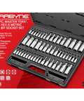 50 Piece Master Torx And Allen Socket Set In S2 Steel, SAE And Metric Hex And Star Bits, organized in open black case