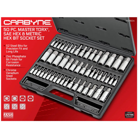 50 Piece Master Torx And Allen Socket Set In S2 Steel, SAE And Metric Hex And Star Bits, organized in open black case