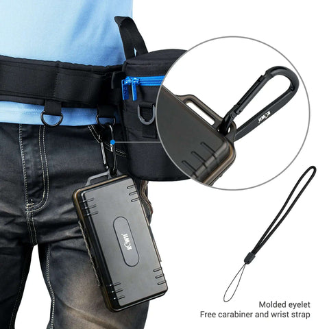 Badass Hard Shell Tech Case For Holding Twelve USB Drives And Twenty Four Memory Cards With Zero Hassle, attached to a belt with a carabiner.