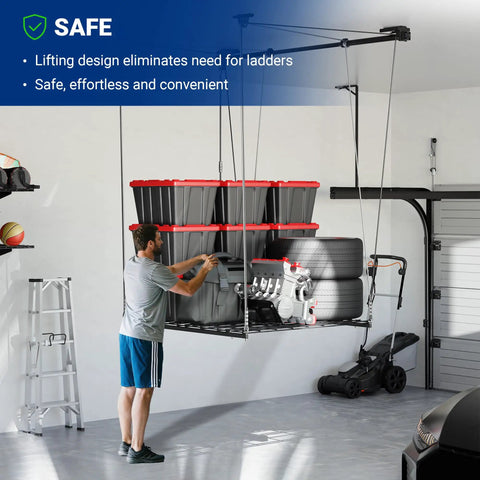 Heavy Duty Overhead Garage Storage Rack 4X4 Ft Ceiling Hoist System Adjustable Metal Organizer Holds Up To 350 Pounds Legit Garage Storage Flex Setup Black