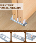 Sliding Closet Door Hardware Kit With Adjustable Floor Guide And Heightening Pads, 6-Piece Set installed on wooden floors.