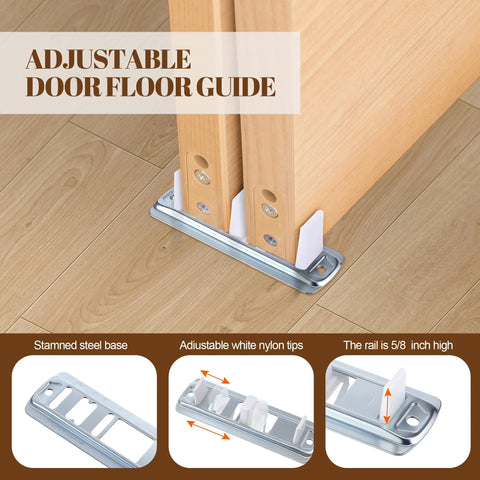 Sliding Closet Door Hardware Kit With Adjustable Floor Guide And Heightening Pads, 6-Piece Set installed on wooden floors.