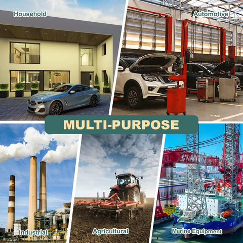 Collage showing household, automotive, industrial, agricultural, and marine equipment use for Garage Grade White Lithium Grease.