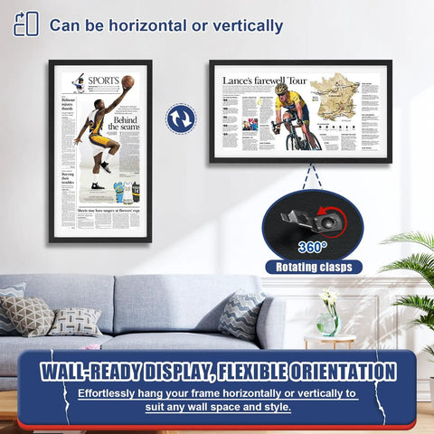 Newspaper Display Frame with Premium Wood and Acrylic Panel, shown mounted horizontally and vertically in living room setting.