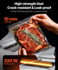 Front view of VEVOR chamber vacuum sealer in gray sealing a meat bag with rosemary; 320 W power.