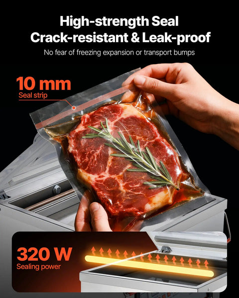 Chamber Vacuum Sealer 320W Power for Wet Foods and Meats vacuum packing machine sealing marinated meat with 10 mm seal strip.