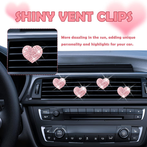 Heart Shaped Car Vent Clips With Rhinestones Bling Air Vent Decorations For Cars Trucks And SUVs Pink 4 Pack displayed on car vent