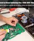 Person using soldering tool with 808 Solder Flux Soldering Paste 10cc 10mL for gnarly oxidized electronics, lead free, on PCB