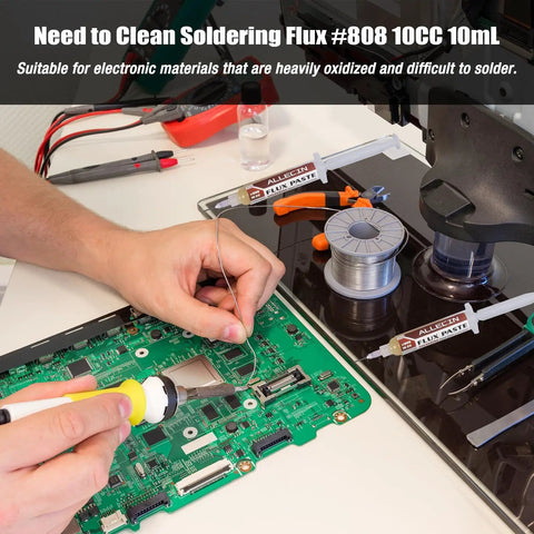 Person using soldering tool with 808 Solder Flux Soldering Paste 10cc 10mL for gnarly oxidized electronics, lead free, on PCB
