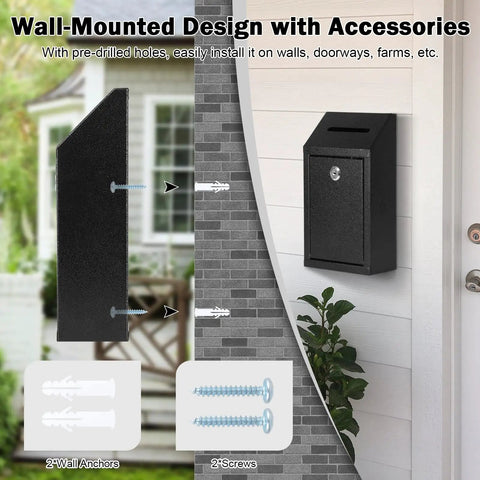 Wall-mounted Lockable Cash Drop Box With Slot For Farm Stand Sales Office Or Home, shown on white wall with screws and wall anchors.