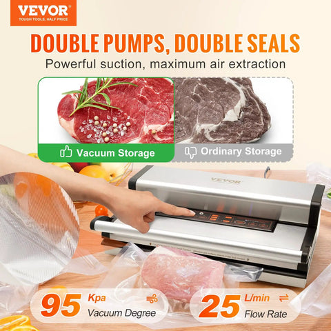 Beast Mode Dual Pump Vacuum Sealer with Dual Sealing Strips and 95KPa 350W Power, sealing fresh meat, illustrating vacuum storage efficiency.
