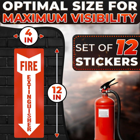 12 Pack High Visibility Fire Extinguisher Signs For Business 4 By 11.8 Inch Waterproof Vinyl Stickers With Fade Resistant Indoor Outdoor No Fuss Safety Decals For Office Warehouse And Home.