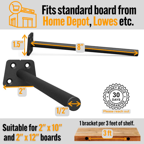 Hidden Eight Inch Floating Shelf Brackets, Black carbon steel bracket showing dimensions, suitable for 2x10 and 2x12 boards.