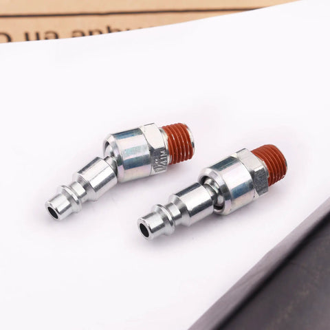 Two Piece Swivel Air Plug One Quarter Inch NPT Male Thread Steel Quick Connect Air Tool Coupler Plug Corrosion Resistant With Pre Applied Sealant To Reduce Hose Twist And Wrist Strain Industrial Grade, two steel fittings