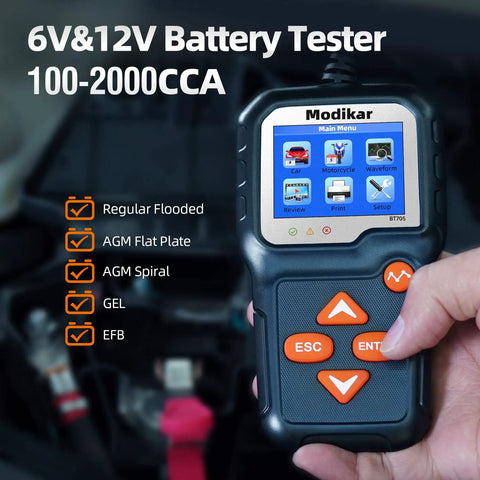 6V 12V Car Battery Tester BT705 With 100-2000 CCA Range And Alternator Tester, Quick Battery Health Check, Cranking And Charging System Diagnostics For Cars, Trucks, And SUVs, Pocket Sized Tool, handheld in car