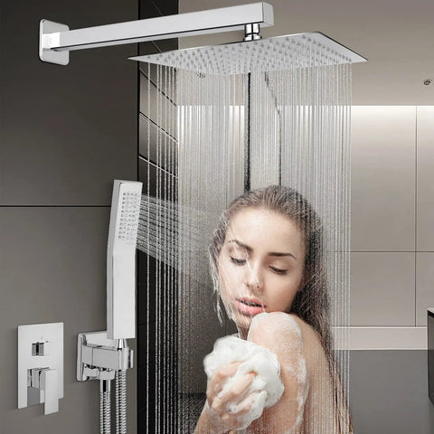 12 Inch Square Rain Shower Head With Extension Arm And Handheld Combo High Pressure All Metal Chrome Finish Shower System in use