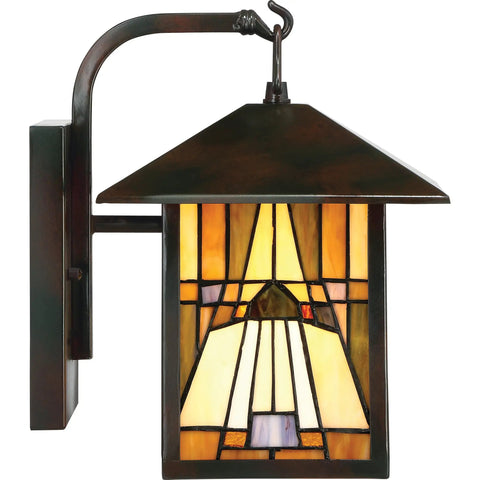 Tiffany Style Outdoor Wall Lantern With Handcrafted Orange Yellow Brown Art Glass Geometric Classic Design 1 Light 100W Incandescent Valiant Bronze Finish For Porch Patio And Exterior Lighting
