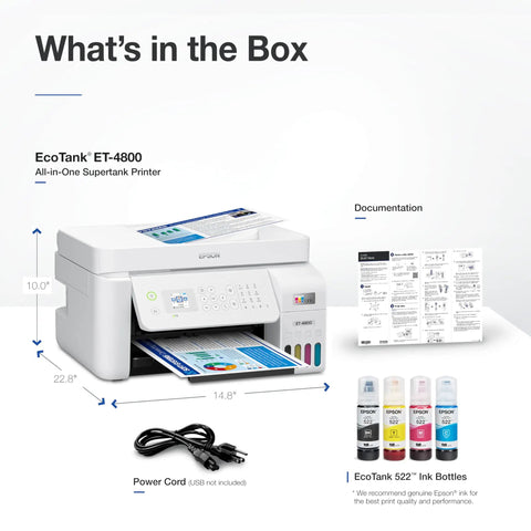 EcoTank All-In-One Printer With Cartridge-Free Ink, Wireless Connectivity, Scanner, Copier, Fax, Automatic Document Feeder, And Ethernet, Large Ink Tanks With EcoFit Bottles, Easy Filling, Great For Home Office, White showing printer, power cord, ink bottles, and documentation