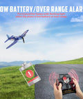RC Planes For Adults With 4 Channel RTF F4U Corsair Fighters, 6 Axis Gyro shown flying with low battery alert on remote control