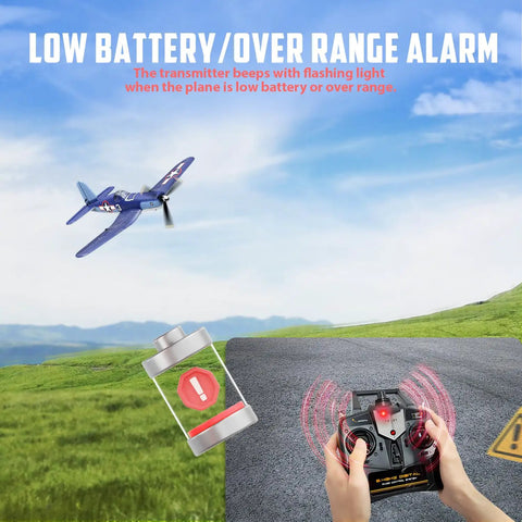 RC Planes For Adults With 4 Channel RTF F4U Corsair Fighters, 6 Axis Gyro shown flying with low battery alert on remote control