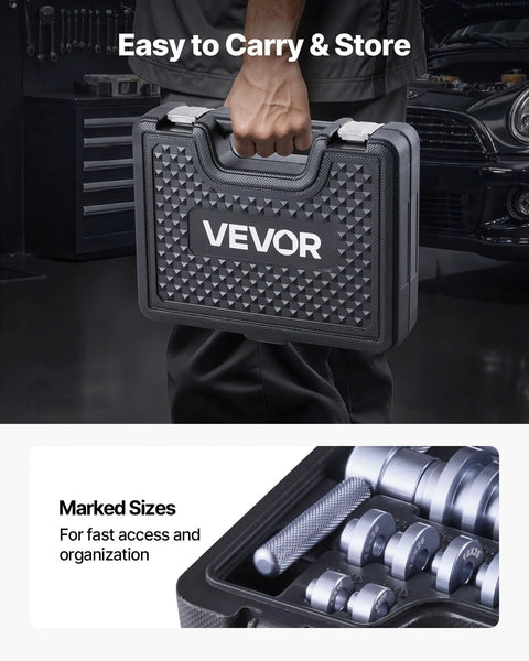VEVOR 25-piece bicycle bearing press kit in textured black carry case, front view with handle.