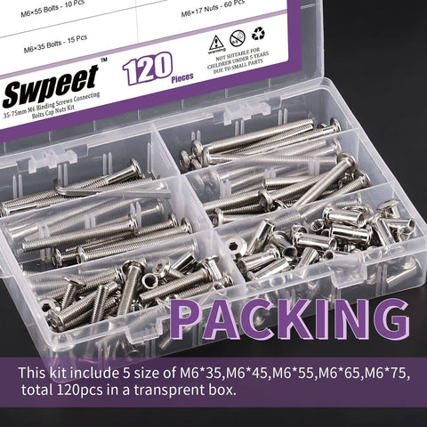 120Pcs M6x35mm 45mm 55mm 65mm 75mm Nickel Plated Silver Hex Drive Socket Cap Bolts And Barrel Nuts Kit in plastic box