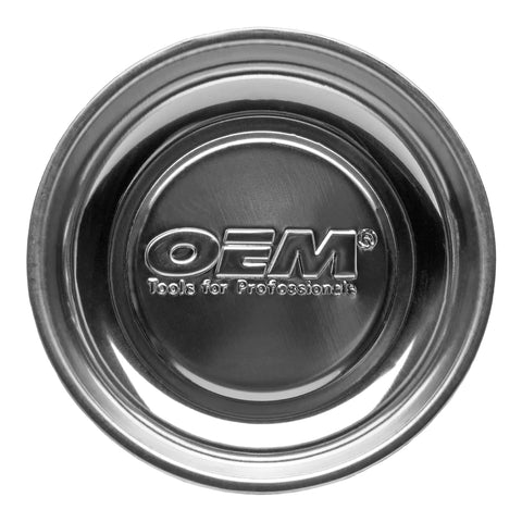 Top view of stainless steel tray from the Three Piece Magnetic Tray And Pick Up Tool Set With Magnetic Dish Extendable Magnet Pickup Tool And Telescoping Mirror Reaching Up To Nineteen Inches A Handy Garage And Shop Essential For Small Parts And Lost Screws.