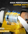 Hard Charging Cordless Mini Bench Grinder Polisher Rolling 5500 Rpm with copper motor showcasing knife sharpening sparks.