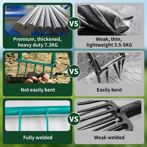Comparison of Beefy Five Tine Broad Fork Garden Tool With Extra Long 11.8 Inch Tines and competitor's fork, highlighting strength and welding quality.